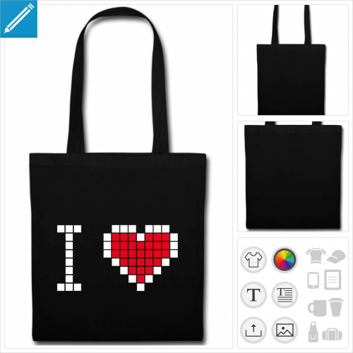 sac anses coeur pixels personnalisable, impression  l'unit