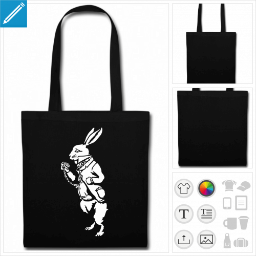 sac tote bag noir lapin blanc  personnaliser en ligne