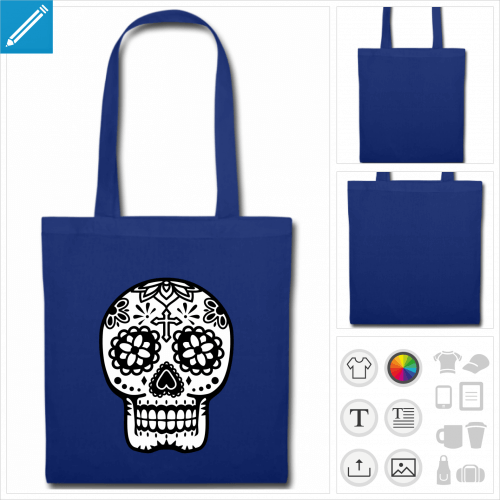 Tote bag anses longues bleu, dcor d'une tte de mort mexicaine.