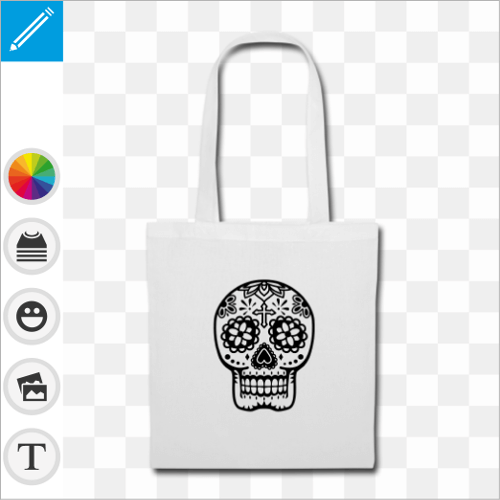 Tote bag blanc  anses longues orn d'un crne mexicain rond fleuri.