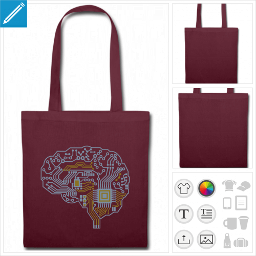 Tote bag vert personnalis avec un motif geek et robotique, cerveau dessin en puce lectronique et circuit imprim.