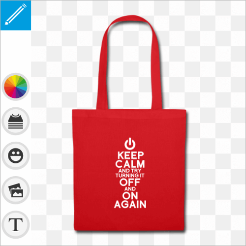 Tote bag simple rouge et motif geek keep calm avec un bouton on off  la place de la couronne, et blague geek try turning it off and on again.