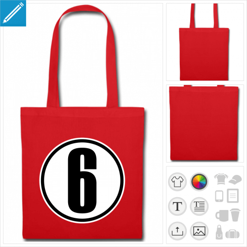 tote bag rouge Numéro 6 à personnaliser et imprimer en ligne