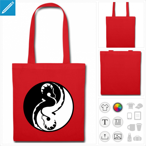 Tote bag vert personnalis avec un cercle plein compos de deux dragons symtriques inverss lovs l'un contre l'autre formant le symbole Yin Yang.