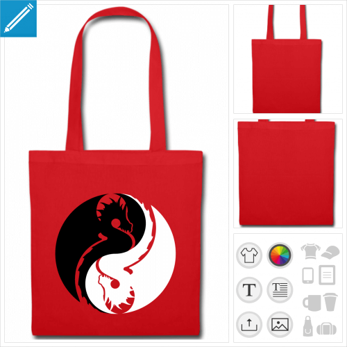 Tote bag vert basique avec motif dragons formant un symbole yin yang. Les dragons ont les ailes en arcs de cercle et sont lovs l'un contre l'autre su