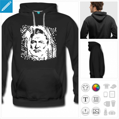 Hoodie Ernest Hemingway, portrait  imprimer sur t-shirt sombre.