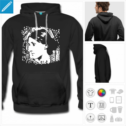 Hoodie Virginia Woolf, portrait de l'crivaine  imprimer sur fond fonc.