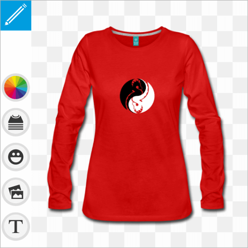 T-shirt manches longues rouge pour femmes avec motif dragons formant un cercle yin yang.