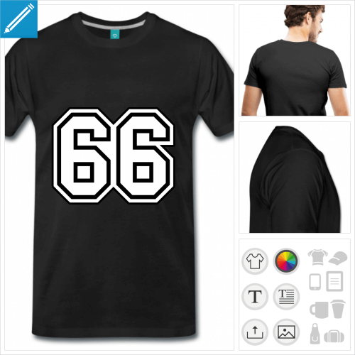 T-shirt 66, numro 66 en typo sport sur fond opaque, aux couleurs personnalisables.