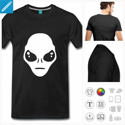 T-shirt alien  imprimer en ligne, t-shirt noir et tte d'alien blanche  personnaliser.