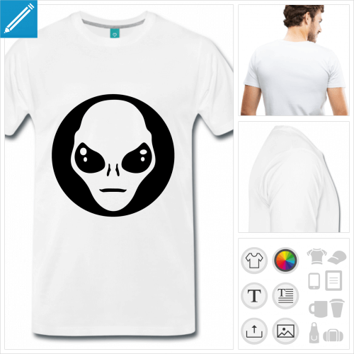 T-shirt alien mdaillon, visage d'alien simplifi dcoup dans un cercle plein.