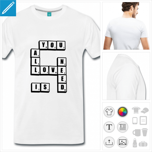 T-shirt all you need is love crit en jetons de scrabble,  imprimer en ligne.
