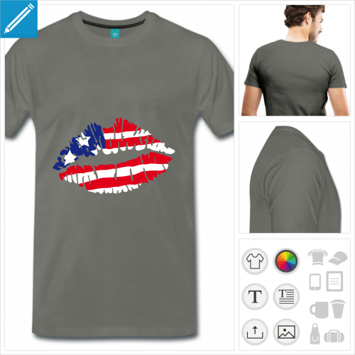 T-shirt America, kiss usa, drapeau amricain peint sur des lvres personnalisables  impriemr en ligne.