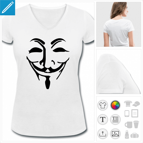 t-shirt femme basique masque fawkes personnalisable, impression à l'unité