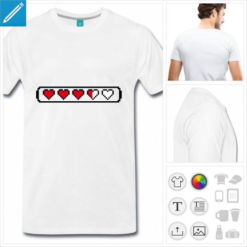 T-shirt barre de vie retrogaming dessinée en pixel art avec cœurs en pixels.