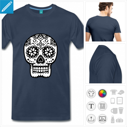 Tee basique Spreadshirt bleu marine, tte de mort blanche  contours noirs et motifs floraux.