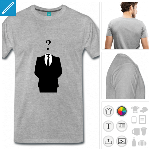 T-shirt bonhomme anonymous en costume avec point d'interrogation, dessin en noir et blanc,  imprimer en ligne.