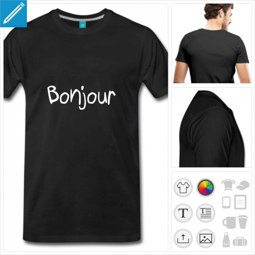 T-shirt bonjour, t-shirt  personnaliser soi-mme. Bonjour est crit en typo manuscrite.