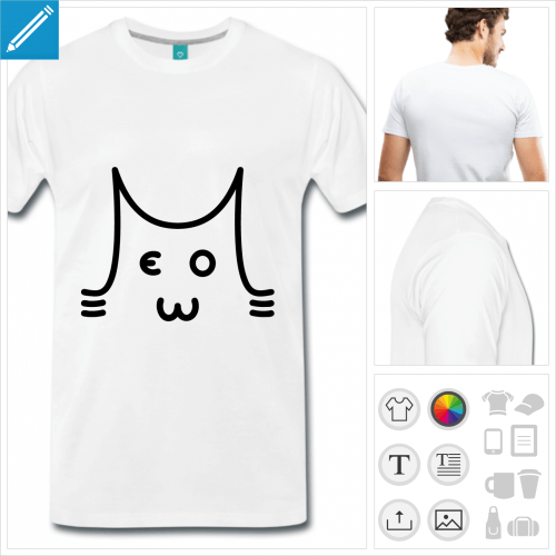 T-shirt chat meow, tte de chat dessine en lettres formant le mot meow.