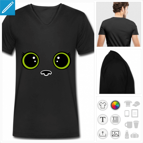 T-shirt chaton kawaii, yeux de chat dessinés en style kawaii avec cils stylisés et reflets. Imprimez votre t-shirt en ligne.