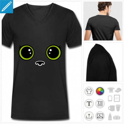 T-shirt chaton kawaii, yeux de chat dessins en style kawaii avec cils styliss et reflets. Imprimez votre t-shirt en ligne.