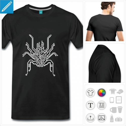 T-shirt circuit dessinant une araigne, t-shirt geek  personnaliser en ligne.