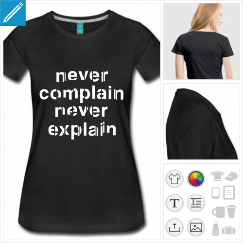 t-shirt noir never complain  personnaliser, impression unique