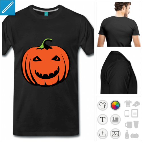 T-shirt citrouille Hallowen avec sourire rigolo et couleurs personnalisables.