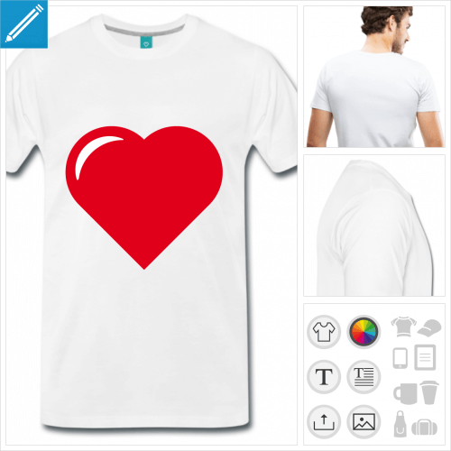 T-shirt cur  personnaliser, crez votre t-shirt cur I love. Coeur pointu  reflet blanc.