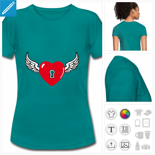 T-shirt cur orn d'ailes,  personnaliser en ligne. Le cur est dcor d'une serrure stylise.