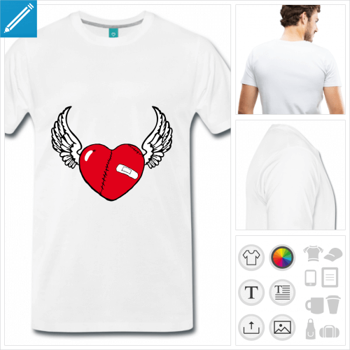 T-shirt cur bless  personnaliser en ligne. Coeur portant pansement et cicatrices, orn d'ailes.