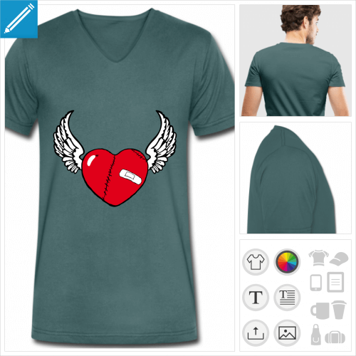 t-shirt pour homme coeur ailes personnalisable, impression  l'unit
