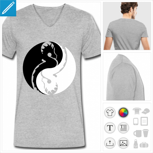 T-shirt homme  manches courtes et col en V orn de deux dragons formant un symbole yin yang