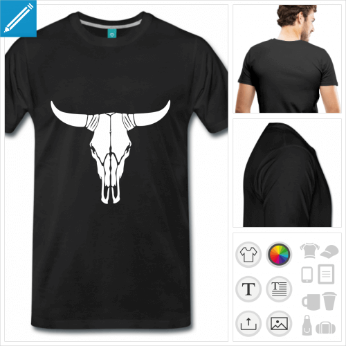 T-shirt crâne de vache personnalisable à imprimer en blanc sur noir.