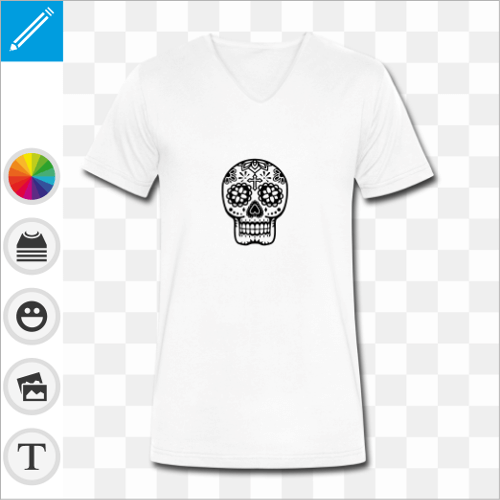 T-shirt blanc pour homme col en V et coupe lgante, motif crne fleuri en style mexicain