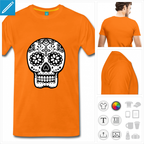t-shirt orange homme tête de mort fleurie personnalisable