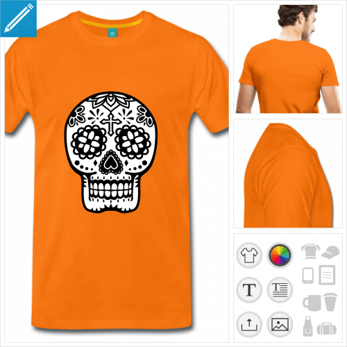 t-shirt orange homme tte de mort fleurie personnalisable