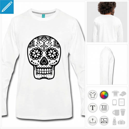 T-shirt basique manches longues blanc avec tte de mort mexicaine fleurie, modle Spreadshirt.