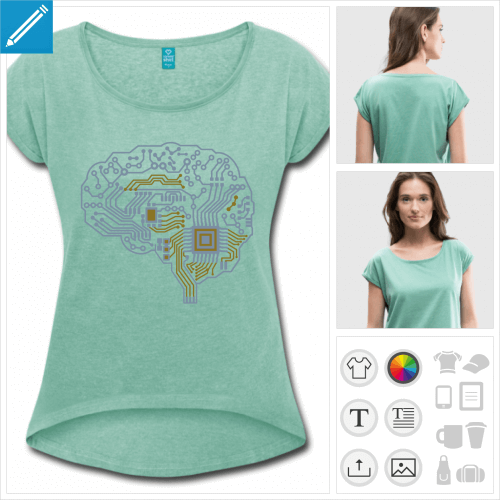 T-shirt crop bleu vert d'eau pour femme avec motif geek personnalisable deux couleurs, cerveau schmatique dessin en lignes de circuit imprim.