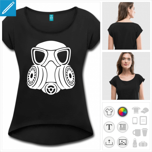 T-shirt personnalis masque gaz femme styl, coupe courte devant manches courtes retrousses.