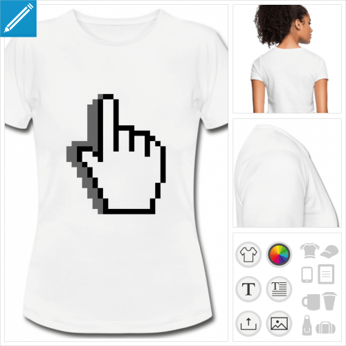 T-shirt cursor main transparent dessin en contour noir et ombre grise.