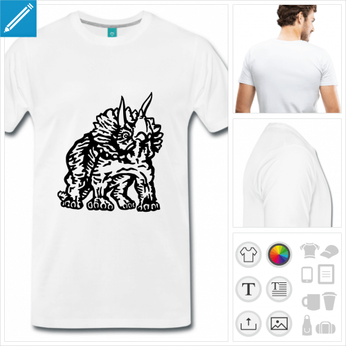 T-shirt dinosaure, triceratops  personnaliser, dessin en contours noirs. Couleur personnalisable.