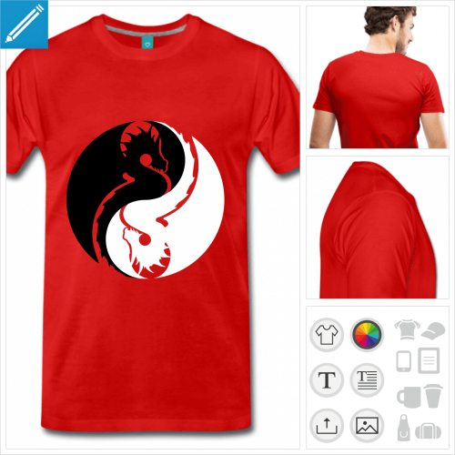 T-shirt dragon yin yang noir et blanc personnalisable, dragons inverss  imprimer en ligne.