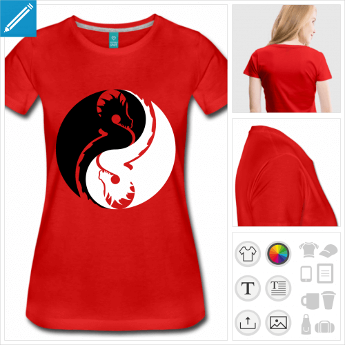 Tee shirt rouge à manches courtes pour femme personnalisé avec un design composé de deux dragons lovés en cercle qui forment un symbole yin yang.
