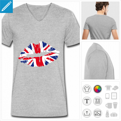 T-shirt drapeau anglais kiss, union jack sur bouche stylise,  personnaliser et imprimer en ligne.