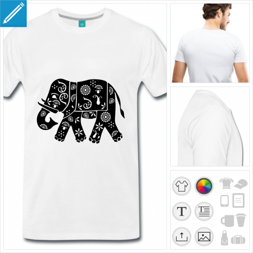 T-shirt éléphant décoré de motifs indiens classiques, à personnaliser et imprimer en ligne.