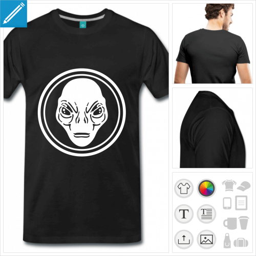 T-shirt extraterrestre entour d'un cercle. Extraterrestre aux traits du visage dtaills et ralistes.