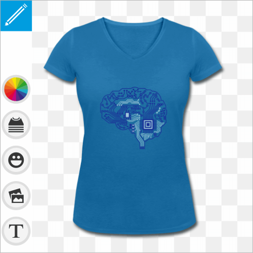 T-shirt bleu pour femme, manches courtes et col en V, motif cerveau dessin en circuit imprim. T-shirt geek et robotique personnalis.