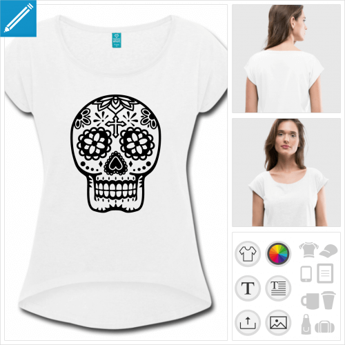 T-shirt  femme retroussé bleu clair marin et tête de mort Mexique transparente en contours noirs.