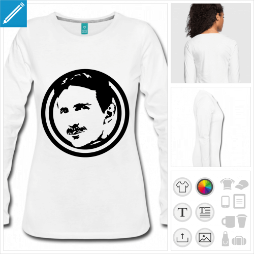 T-shirt  manches longues pour femme avec portrait en mdaillon de Nikola Tesla